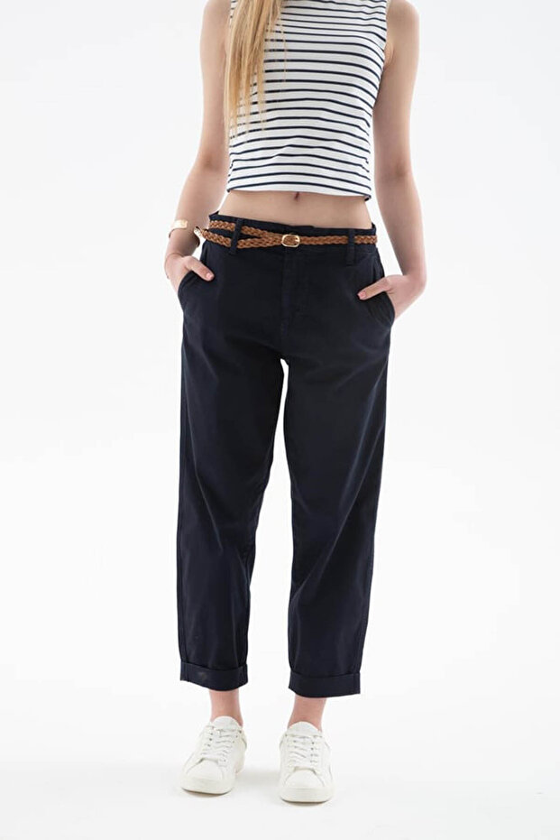 Navy Blue Women's Trousers with Flexible Belt 25Y0107K1