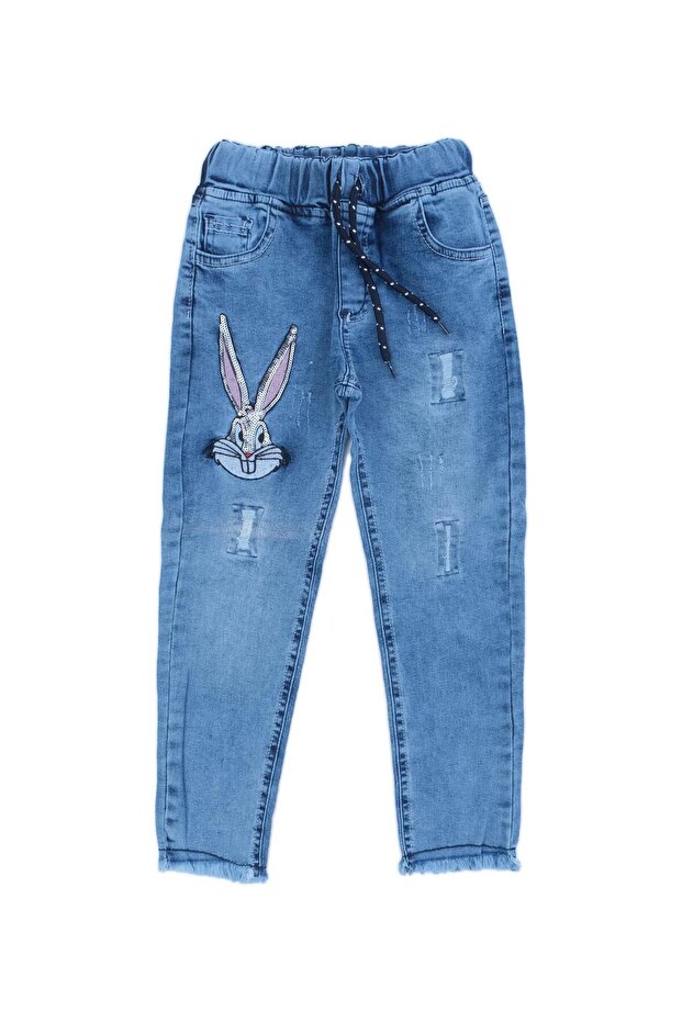 Girl's Lycra Rabbit Printed Sequin Denim Jeans Blue