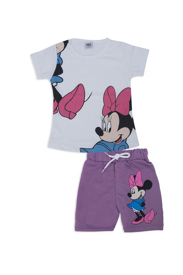 Kız Çocuk Mickey Mouse Baskılı Bağcıklı 2'li Alt Üst Şort Takım - 1