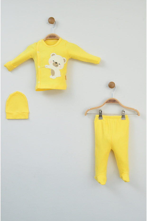 Yellow Color Bear Detail Baby Double Set (0-3 Months)