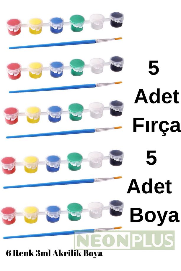 Akrilik Boya 3ml (6 Renk) Toplam 5 Paket Boya 5 Adet Fırça, Workshop, Etkinlik Boyama Seti - 2