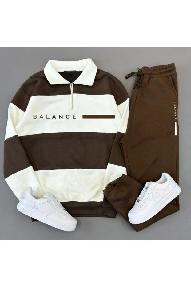 New Season Men's Women's Unisex Brown White Five Piece Stand Collar Balance Printed Petrol Tracksuit Set