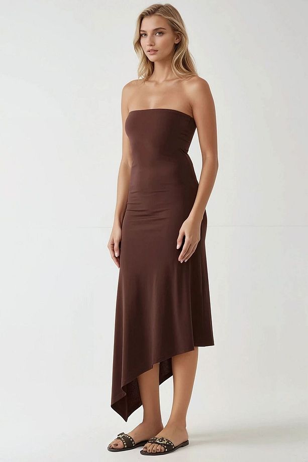 Straplez Asimetrik Bodycon Örme Elbise - 1
