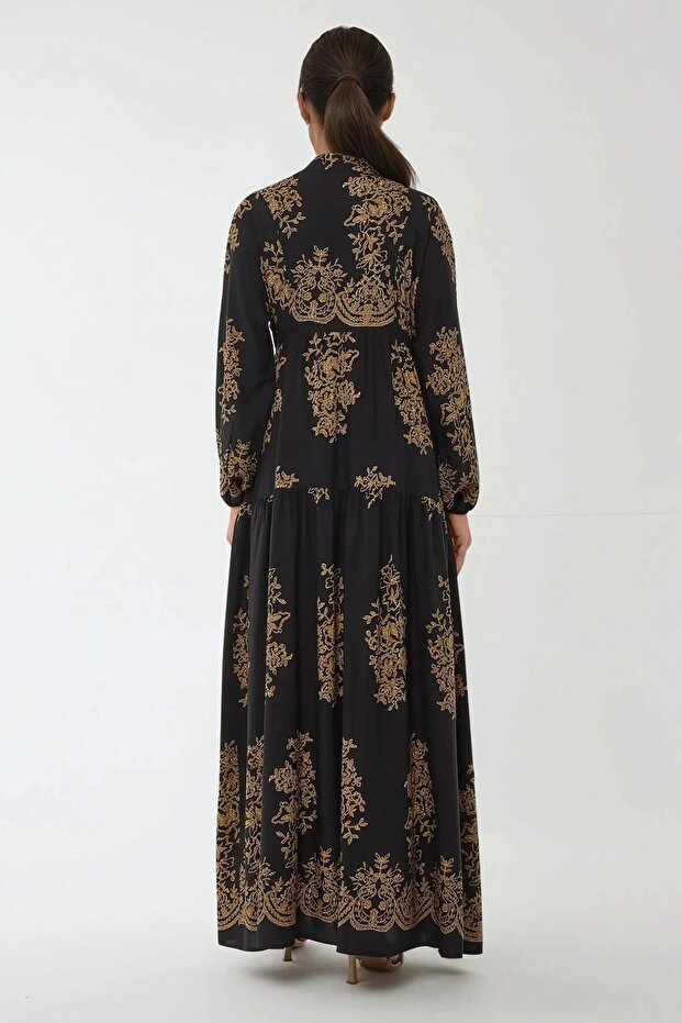 Baskılı Uzun Kol Viskon Maxi Elbise - 3