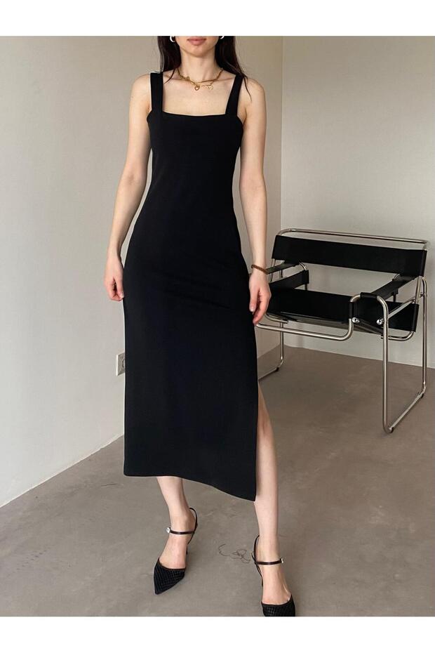 Black Square Neck Slit Basic Dress - 3
