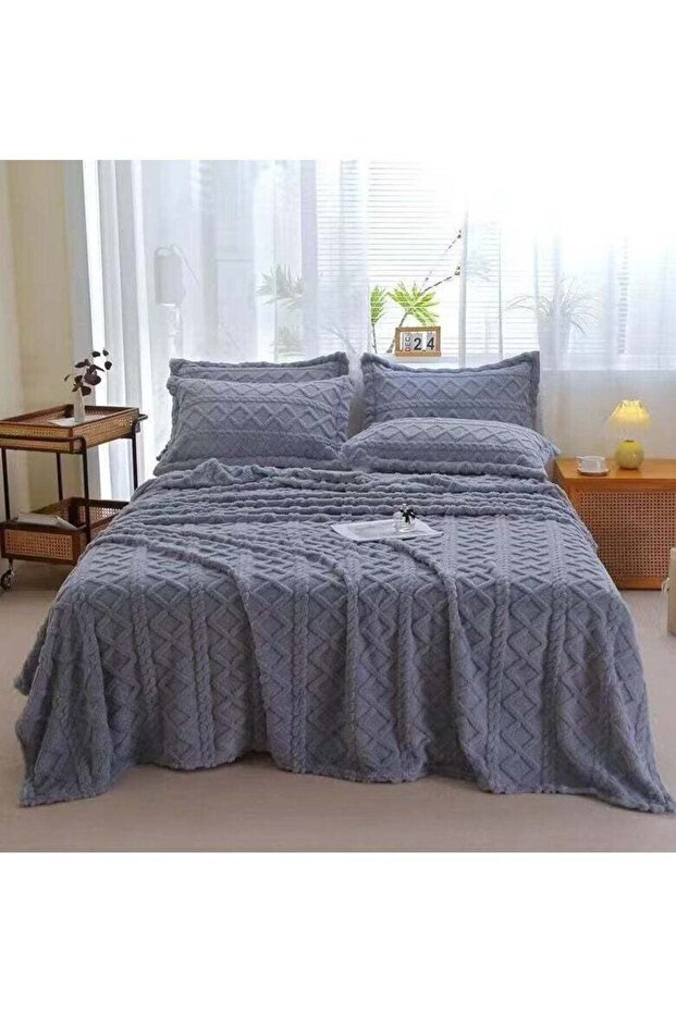 SOFT & FLUFFY 3PCS BLANKET SET KINGSIZE, 1 BLANKET & 2 PC PILLOW COVER - GREY