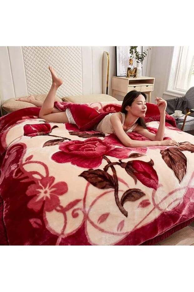 KOREAN STYLE MINK SOFT THICKENED LUXURIOUS FLORAL BLANKET MAROON