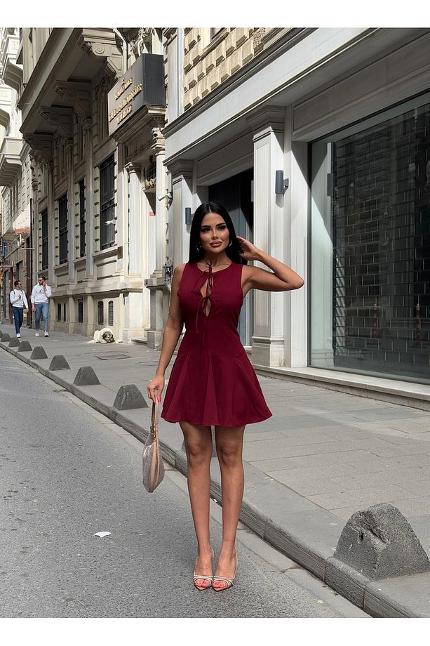 Kadın Önü Bağlamalı Pileli Elbise - 6