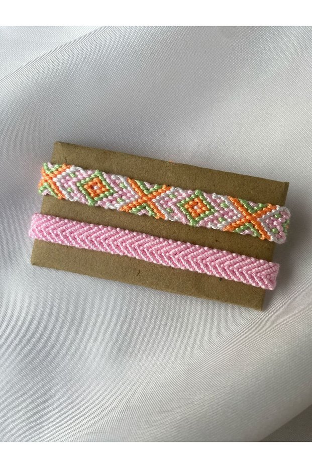 Pink and Orange Patterned Braided Bracelet and Solid Color Chevron Set of 2