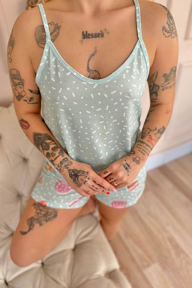 Mint Macoron Desenli İp Askılı Şortlu Kadın Pijama Takımı - 6