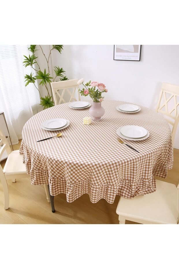 Duck Linen Frilly Gingham Patterned Round Tablecloth