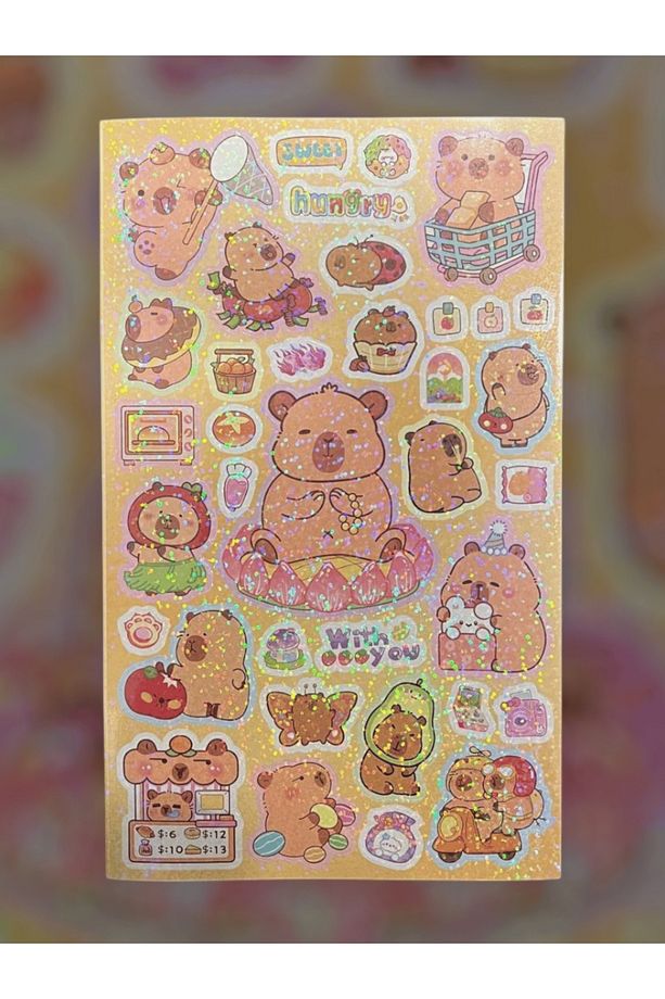 Capybara Tasarımlı Simli Sticker Defteri 4 Yaprak 100 Sticker 13*21 cm - 4