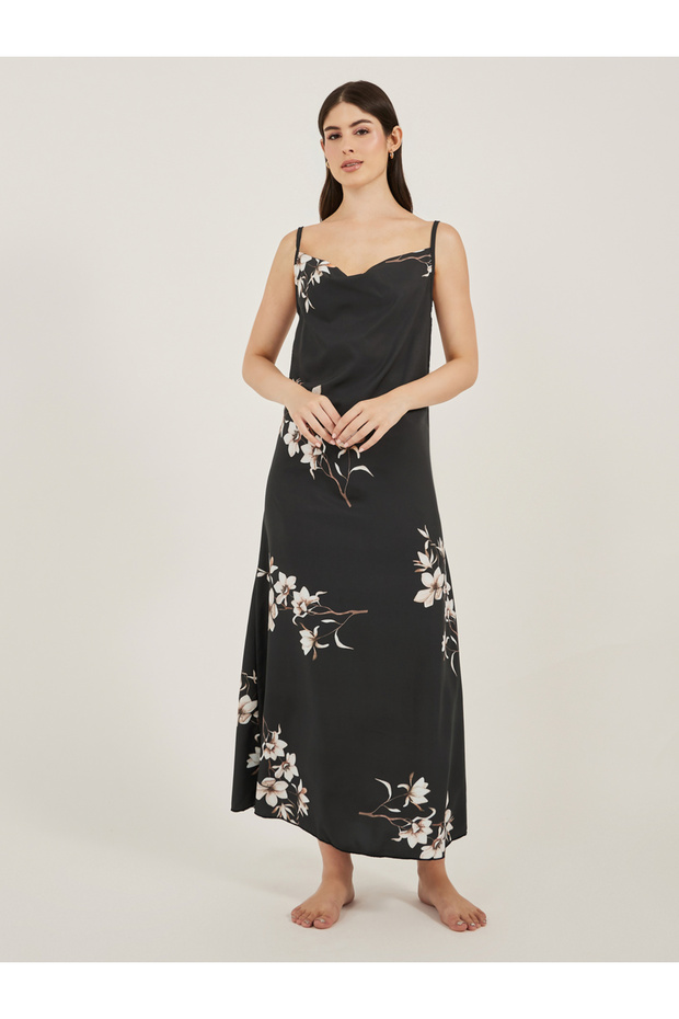 Floral Print Cowl Neck Satin Slip Dress with Deep V Back