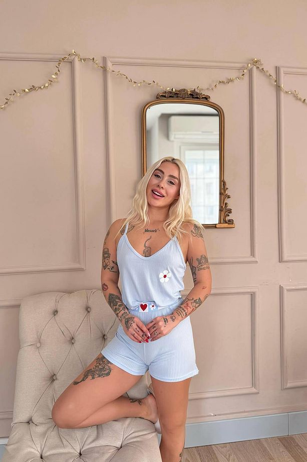 Mavi Fleur Douce Desenli Örme Ip Askı Şortlu Kadın Pijama Takımı - 4