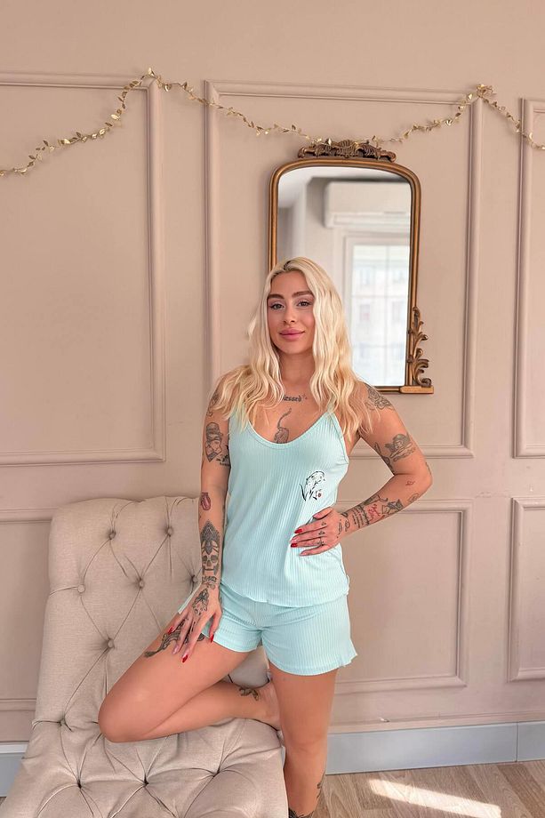 Aqua Belle Fleur Desenli Örme Ip Askı Şortlu Kadın Pijama Takımı - 3