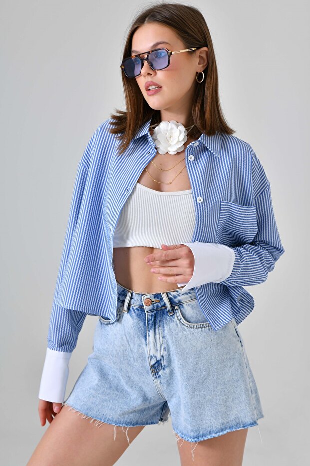 Kék csíkos Crop ing - 3