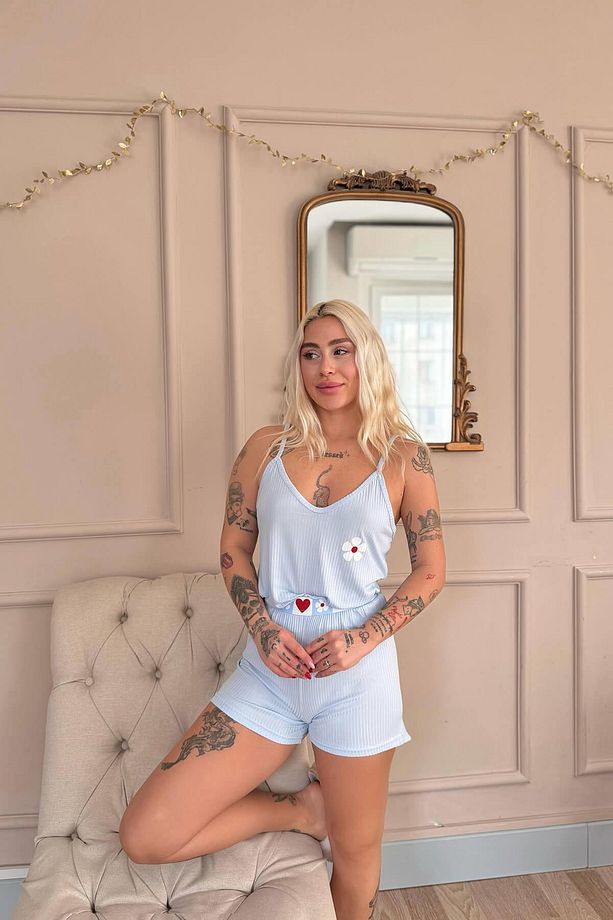 Mavi Fleur Douce Desenli Örme Ip Askı Şortlu Kadın Pijama Takımı - 3