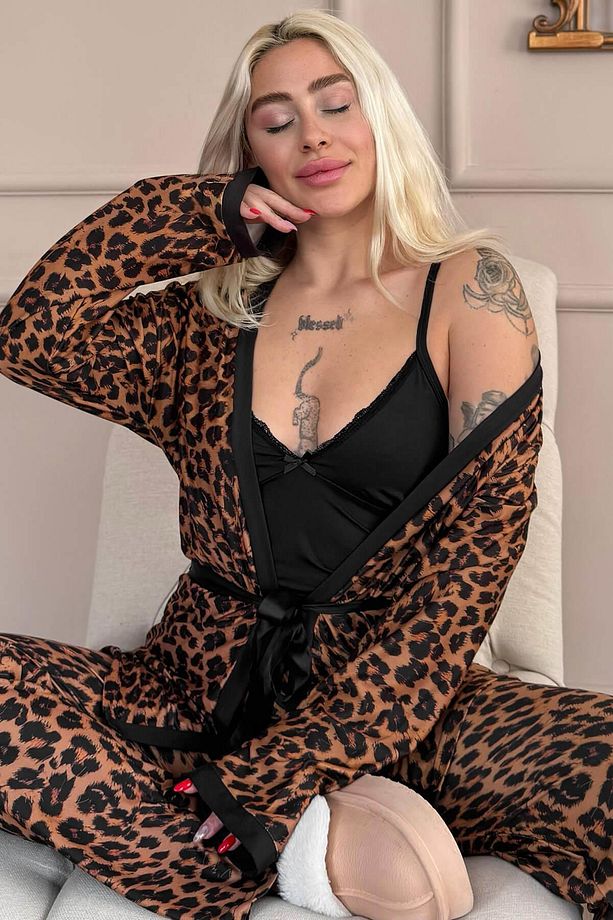 Siyah Leopard Luxe Exclusive Örme Sabahlıklı Kadın Pijama Takım - 1