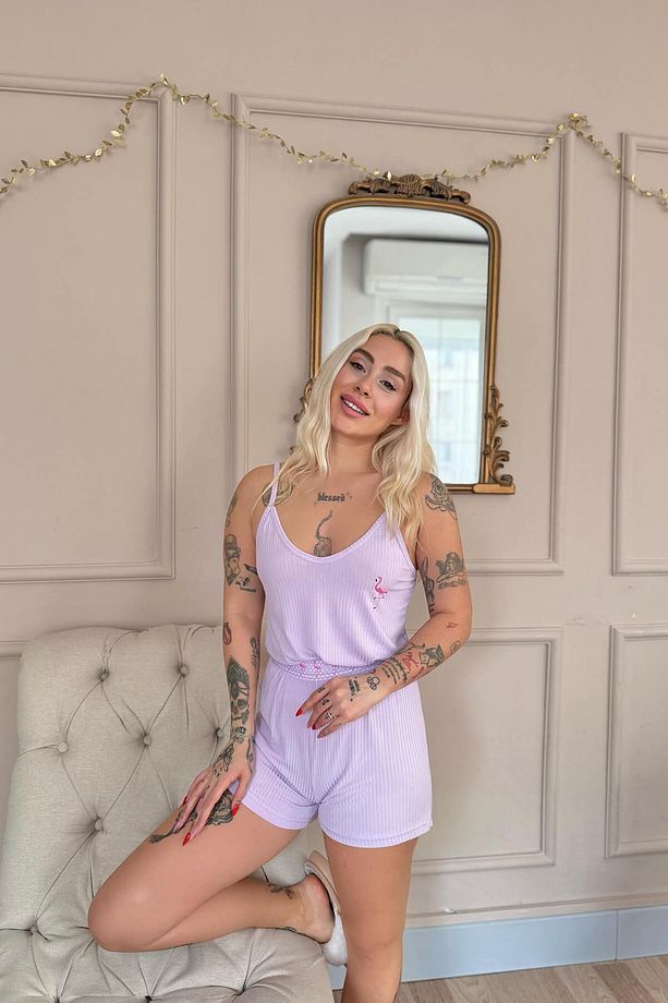 Lila Flamingo Chic Desenli Örme Ip Askı Şortlu Kadın Pijama Takımı - 2