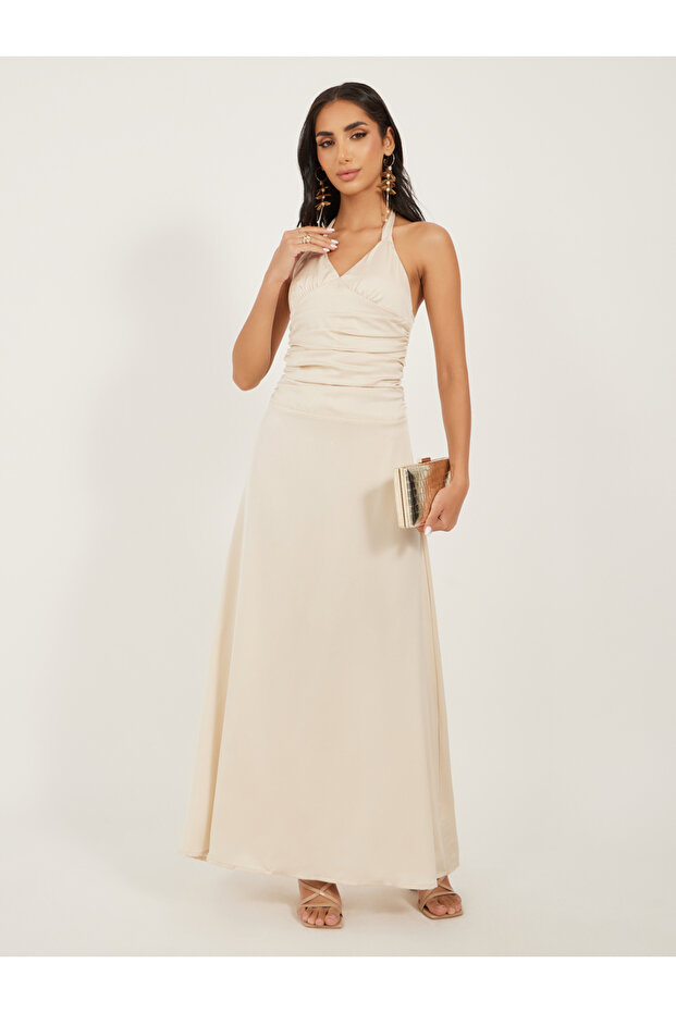 Solid Ruched Halter Neck A-Line Maxi Dress