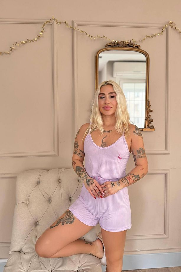 Lila Flamingo Chic Desenli Örme Ip Askı Şortlu Kadın Pijama Takımı - 3
