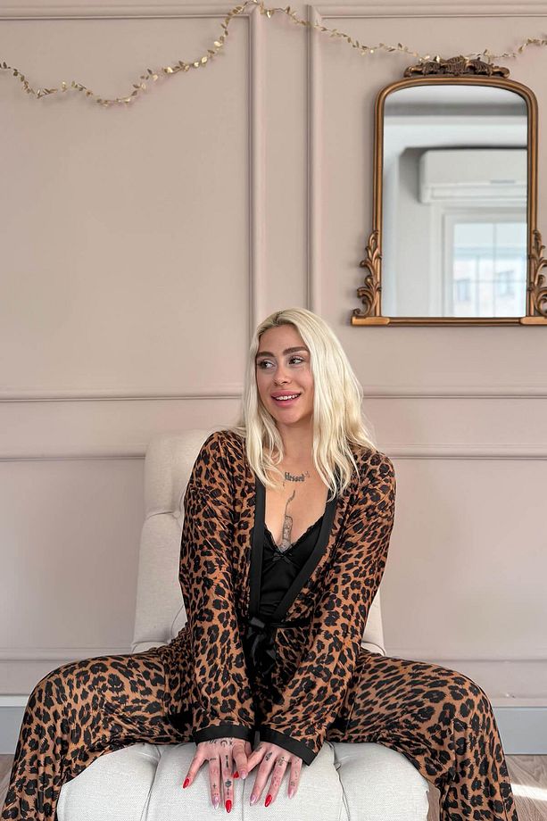 Siyah Leopard Luxe Exclusive Örme Sabahlıklı Kadın Pijama Takım - 4