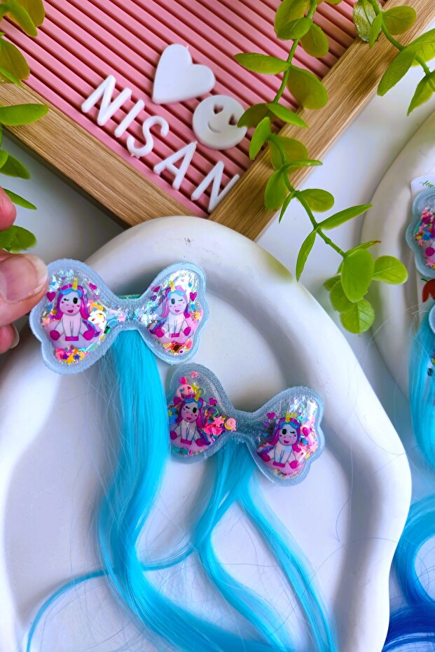 Kız Çocuk Pullu Unicorn Yapay Saç Postiş 2 Adet - 3
