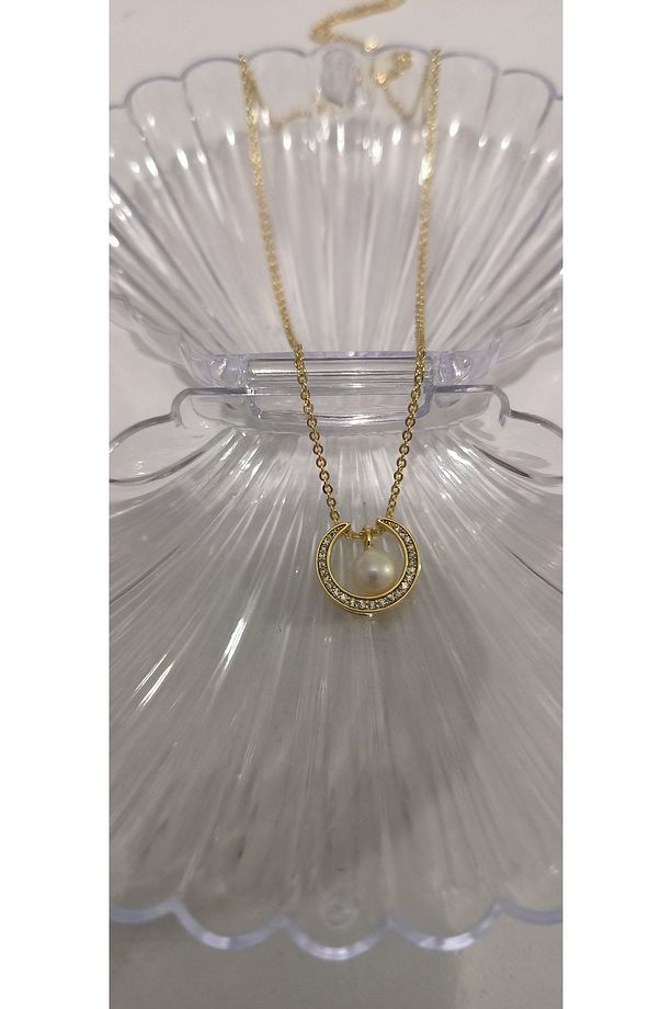 Vip Minimal Yuvarlak Çerçeveli inci Model Kolye Kararmaz 14K Rengindedir 47 +5cm - 3