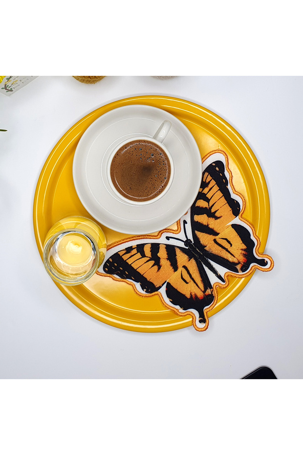 Yellow Black Butterfly Shaped Embroidery Edge Fabric Cocktail Napkin 1 Piece