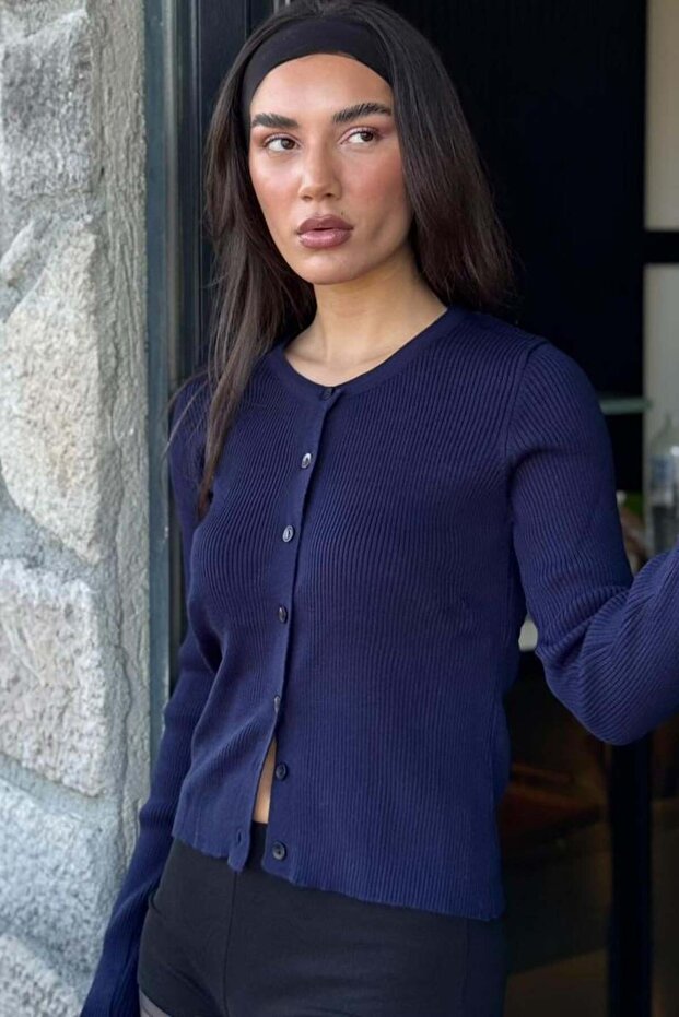 Navy Blue Buttoned Long Sleeve Knitwear Cardigan Sh209