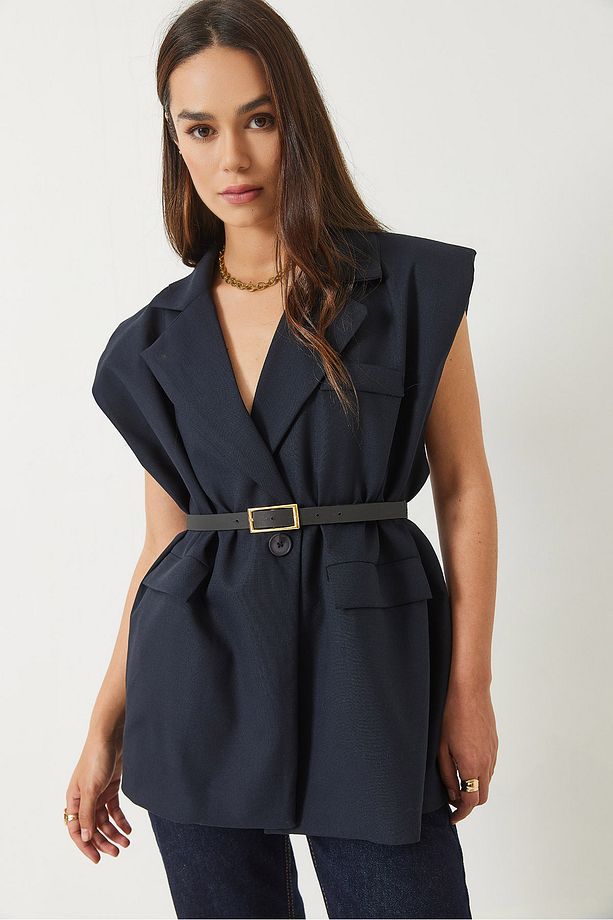 Kadın Cep Detaylı Kemerli Vatkalı Oversize Astarlı Blazer Yelek 11143 60281003 - 1