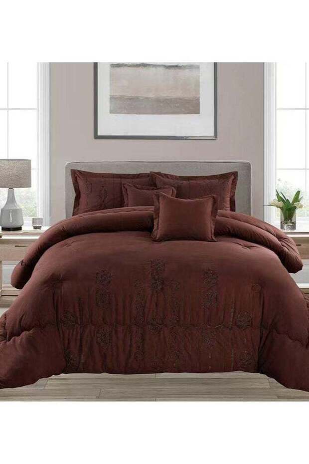 6 PC EMBROIDERY COTTON SOFT KINGSIZE COMFORTER SET BROWN