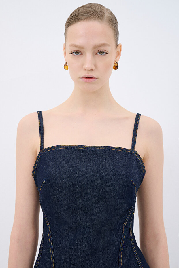 Volanlı Mini Denim Elbise - 5