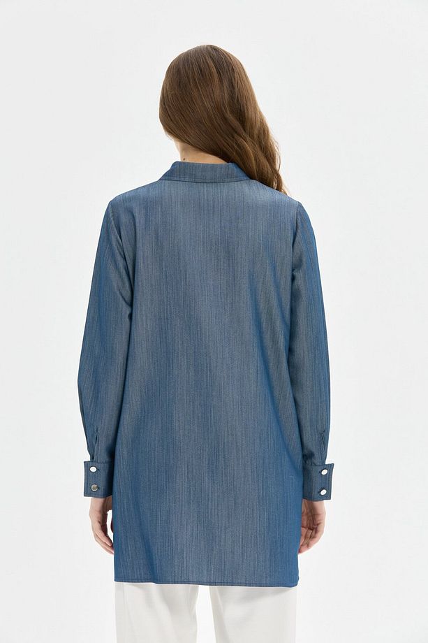 Çakma Detaylı Denim Tunik  Mavi - 8