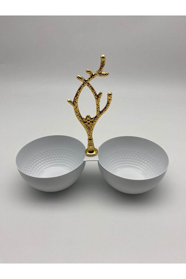 2-Compartment White Metal Snack Bowl, Snack Plate with Golden Branches