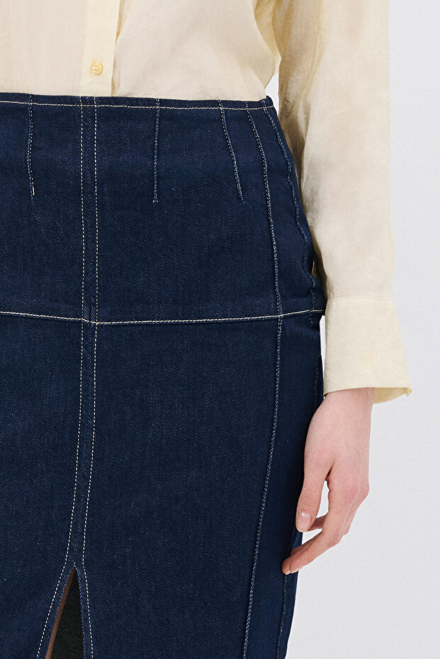 Yırtmaçlı Denim Etek - 5