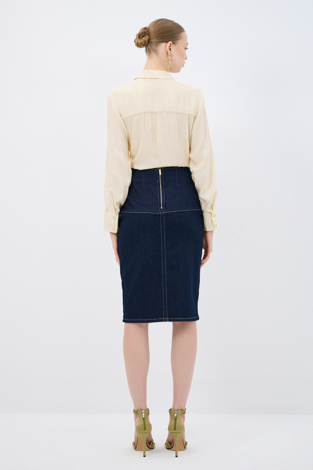 Yırtmaçlı Denim Etek - 7