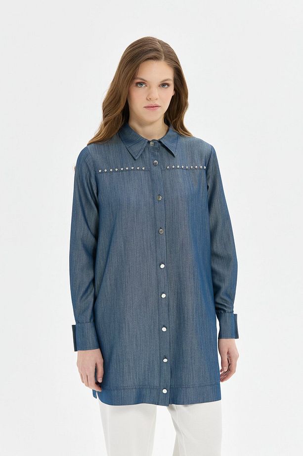Çakma Detaylı Denim Tunik  Mavi - 3