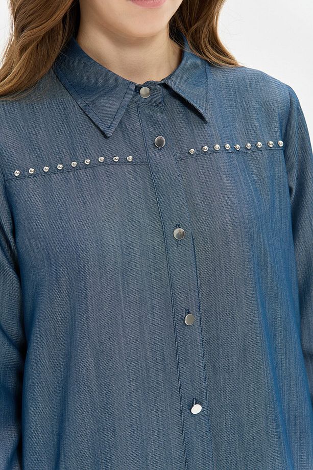 Çakma Detaylı Denim Tunik  Mavi - 7