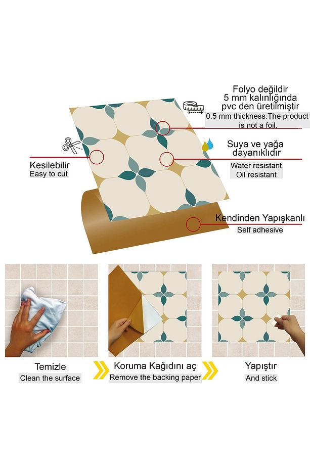 Kendinden Yapışkanlı Zümrüt Çiçekli Desenli Pvc Karo 30x30 Cm (33 ADET) 3m2 - 3