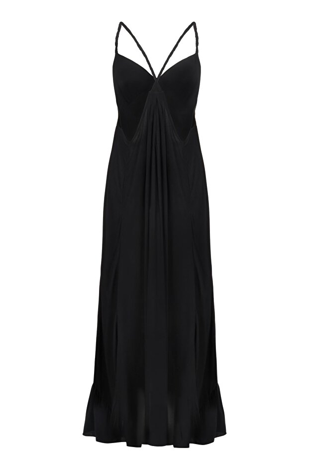 Siyah Maxi Elbise Örgü Askılı - 2