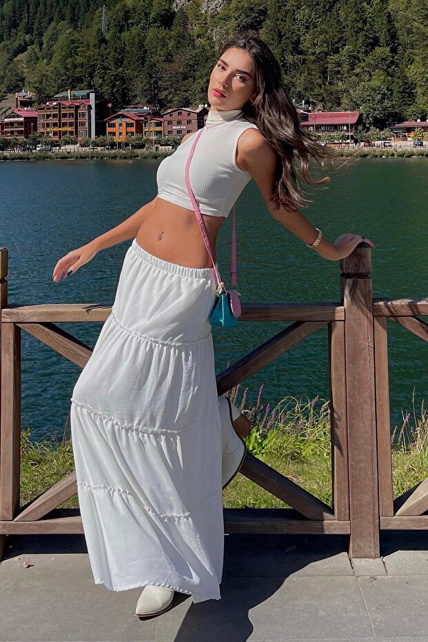 تنورة طويلة نسائية بيضاء أساسية مطوي - 6