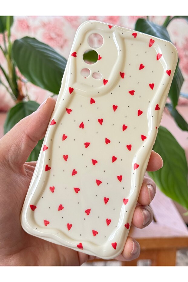 Oppo A55 4g Case Camera Protected Wave Edge Red Heart Pattern Silicone Cover