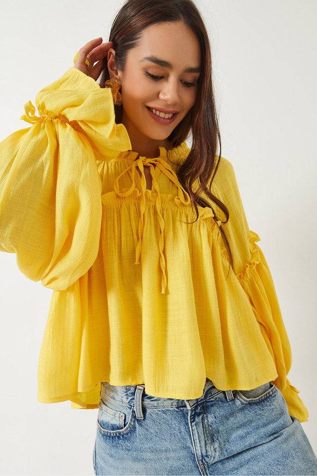 Women's Yellow Tie-Dye Detailed Balloon Sleeve Casual Seersucker Blouse 252 60282002