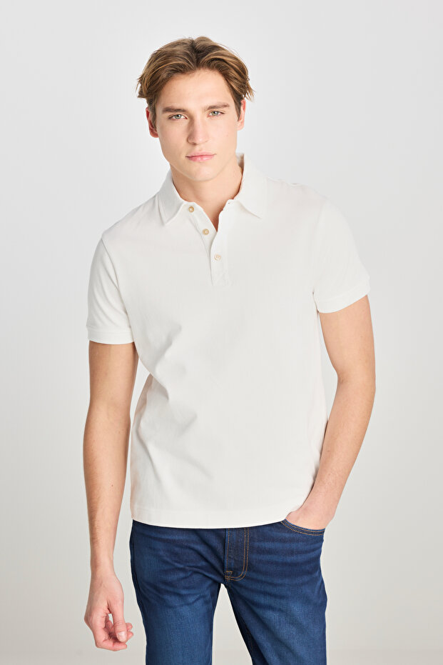 100% Cotton Regular Fit Regular Cut Ecru Polo Neck T-Shirt