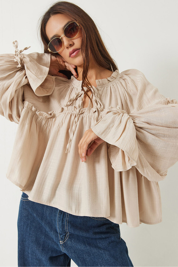 Women's Beige Tie-Detail Balloon Sleeve Casual Seersucker Blouse 252 60282002