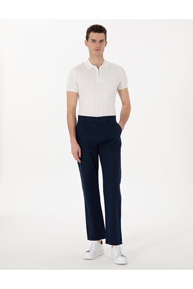 Navy Blue Loose Fit Comfortable Fit Linen Blend Canvas Trousers 50305588-Vr033