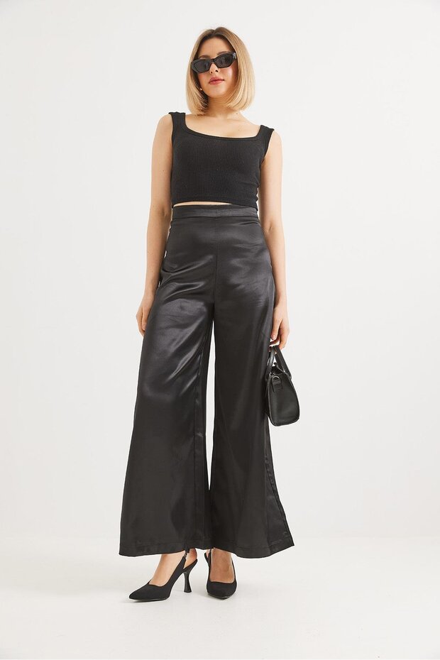 Women's Wide Leg Satin Trousers Black