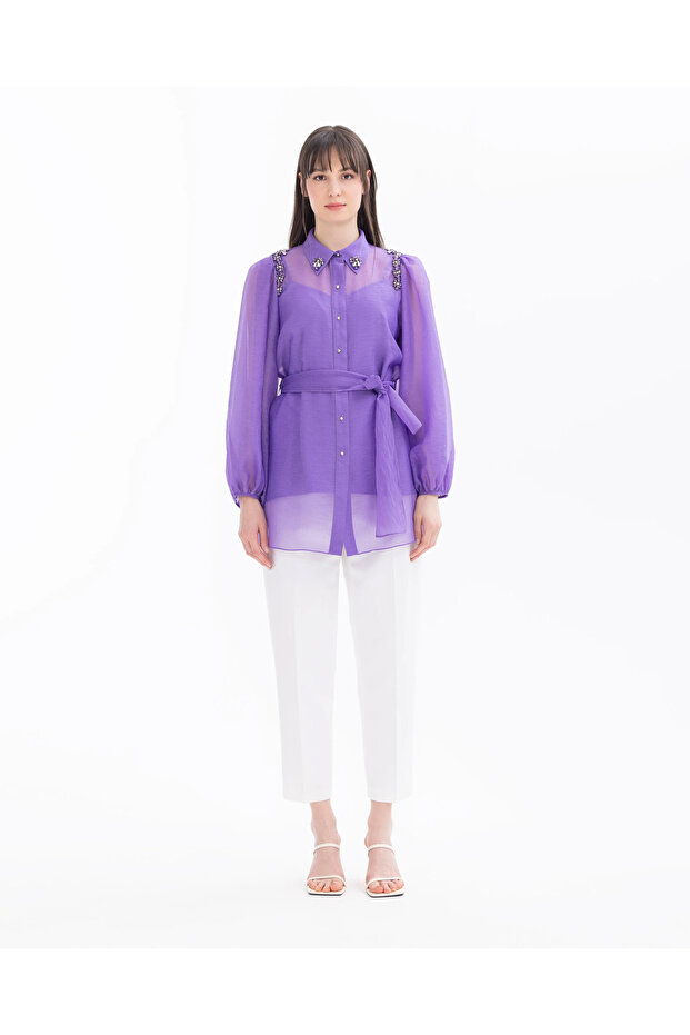 Taş Detaylı İç Bluzlu Gömlek - 5