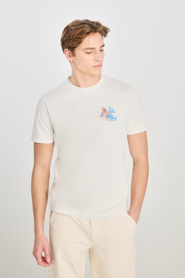 %100 Pamuk Regular Fit Normal Kesim Bisiklet Yaka Ekru Tişört - 2